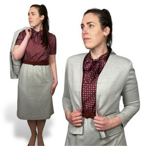 Gray & Burgundy Dress Suit Set 1970s Vintage Leslie Fay Jacket Cardigan Belt